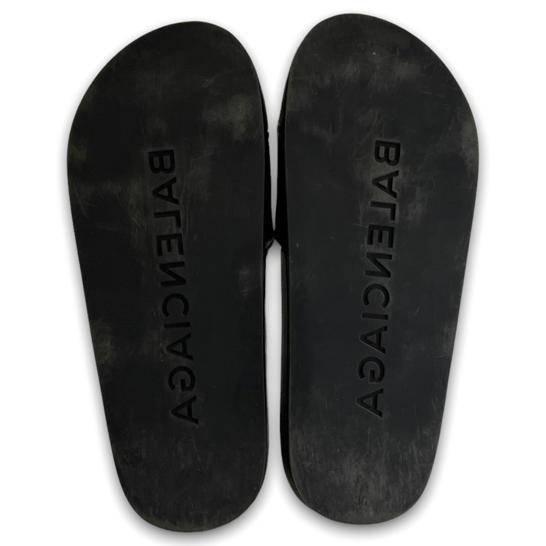 BALENCIAGA 18SS Logo Flat Leather Sandals Black Size EU 38