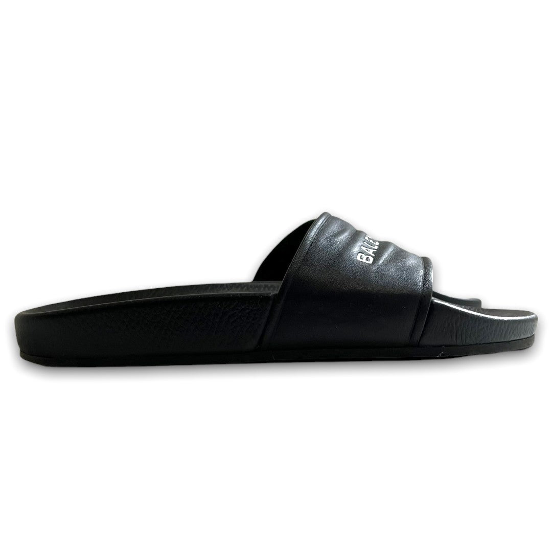 BALENCIAGA 18SS Logo Flat Leather Sandals Black Size EU 38