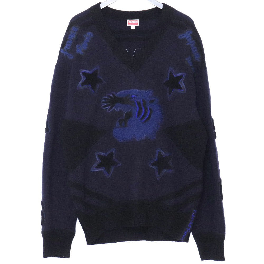 KENZO Applique Tiger Motif V-Neck Sweater Navy Size L