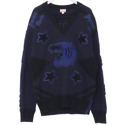 KENZO Applique Tiger Motif V-Neck Sweater Navy Size L