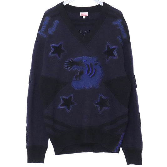 KENZO Applique Tiger Motif V-Neck Sweater Navy Size L