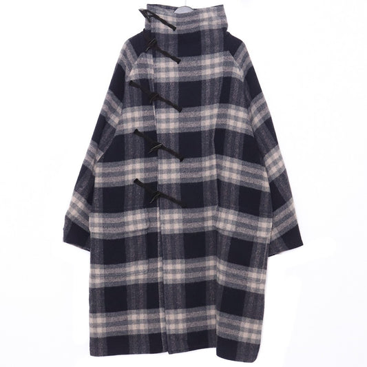 A NOVEL DAY Check Duffle Long Coat Navy Size 2