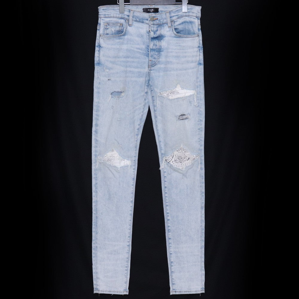 AMIRI MX1 Leather Bandana Skinny Jeans Blue Size 31
