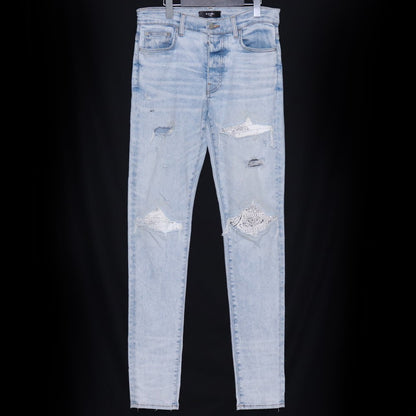 AMIRI MX1 Leather Bandana Skinny Jeans Blue Size 31