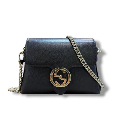 GUCCI Interlocking Chain Leather Shoulder Bag Black Size F