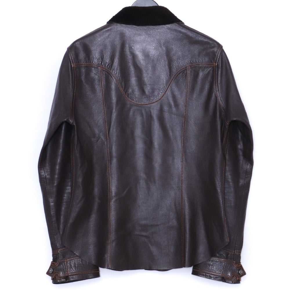 SKKIN Shearling Collar Leather Shirt Jacket Brown Size M