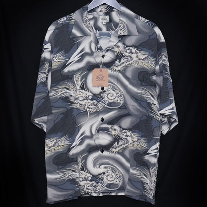 GOLD Dragon Print Aloha Shirt Gray Size M
