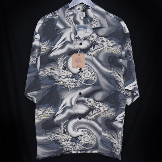 GOLD Dragon Print Aloha Shirt Gray Size M