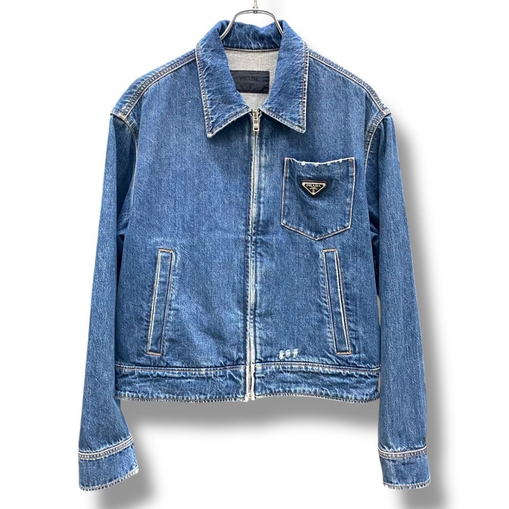 PRADA 2021 Triangle Logo Zip Denim Jacket Indigo Size S
