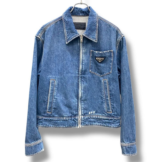 PRADA 2021 Triangle Logo Zip Denim Jacket Indigo Size S