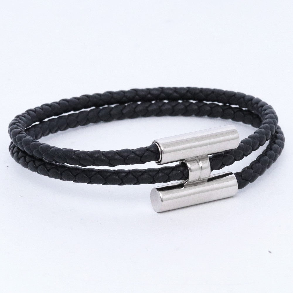 HERMES Tournis Tresse Leather Bracelet Black Size F