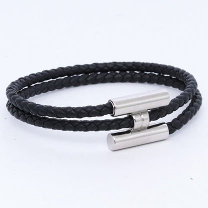 HERMES Tournis Tresse Leather Bracelet Black Size F