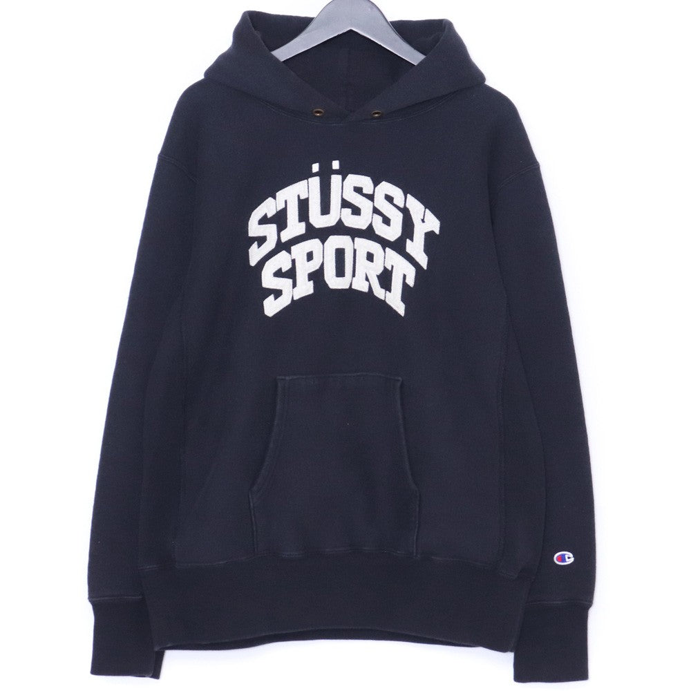 STUSSY × CHAMPION Reverse Weave Felt Hoodie Black Size L