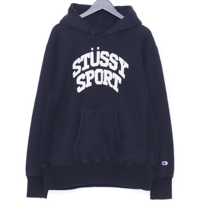 STUSSY × CHAMPION Reverse Weave Felt Hoodie Black Size L