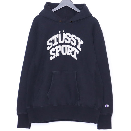 STUSSY × CHAMPION Reverse Weave Felt Hoodie Black Size L
