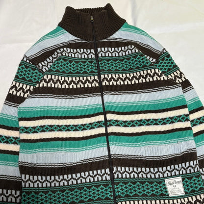 Final Home Brown Green Fair Isle Full Knit Sweater Size S