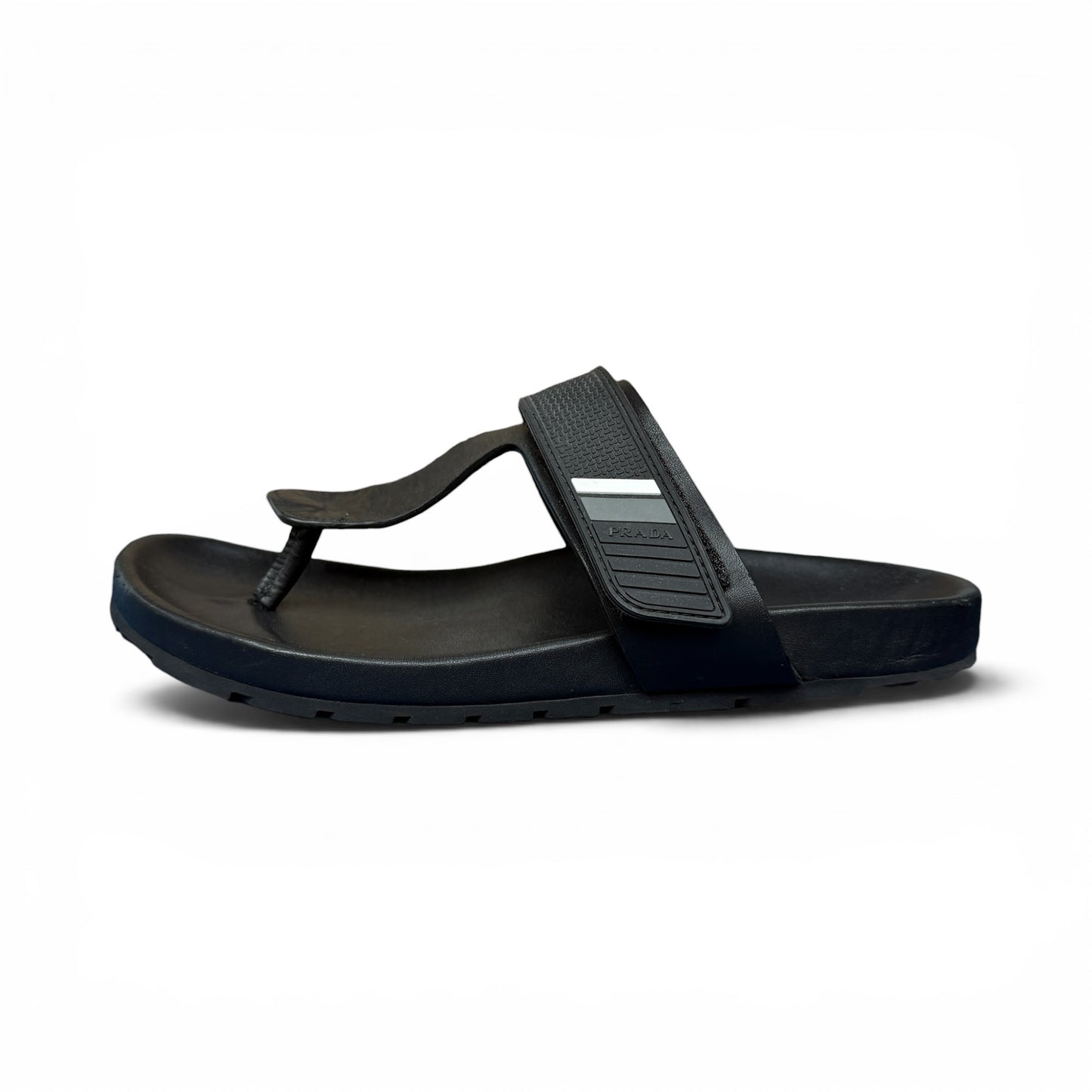 PRADA Leather Rubber Logo Thong Sandals Black