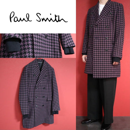 Paul Smith Purple Silk Houndstooth Collarless DB Coat Size M
