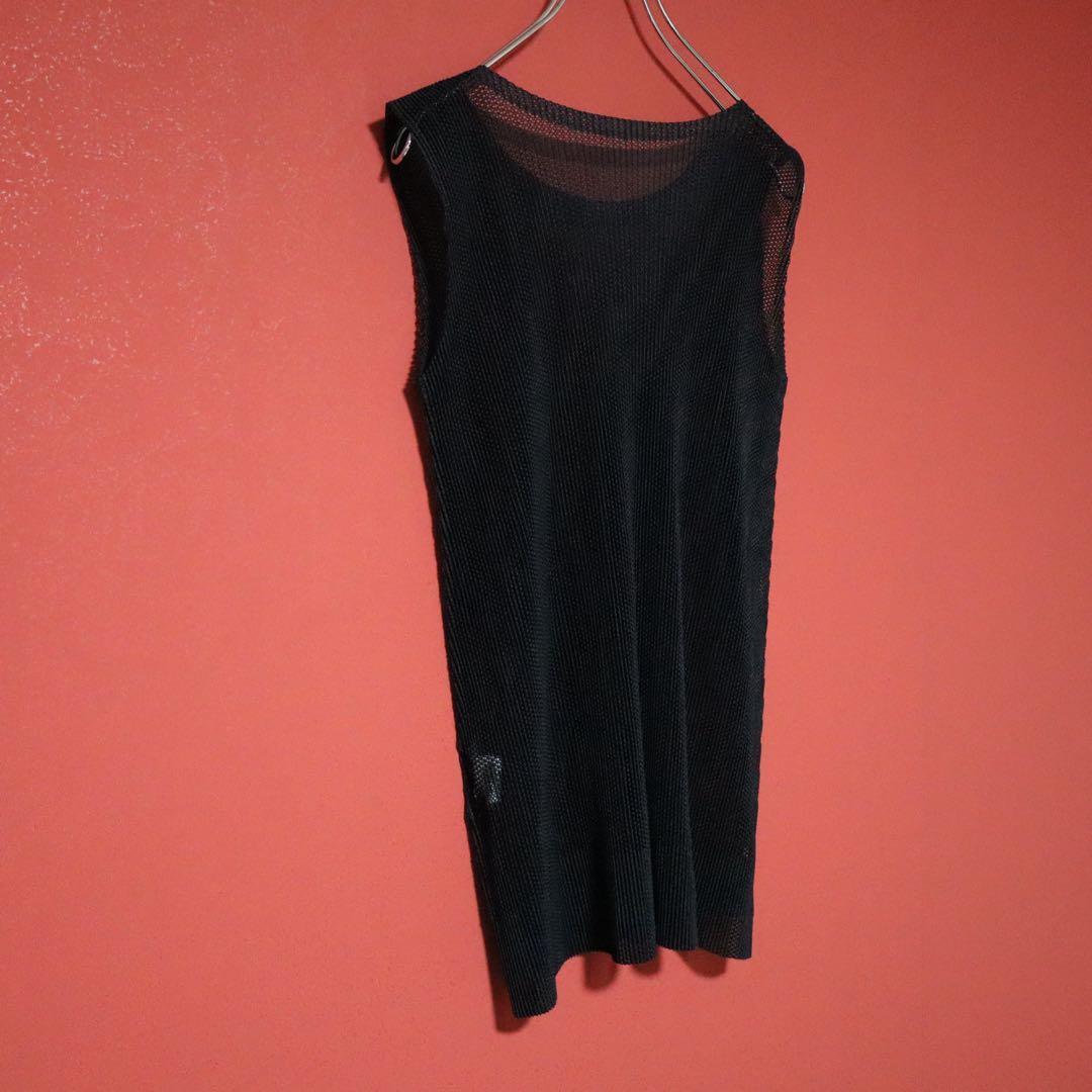 PLEATS PLEASE Black Sheer Mesh Pleated Tank Top Size 3