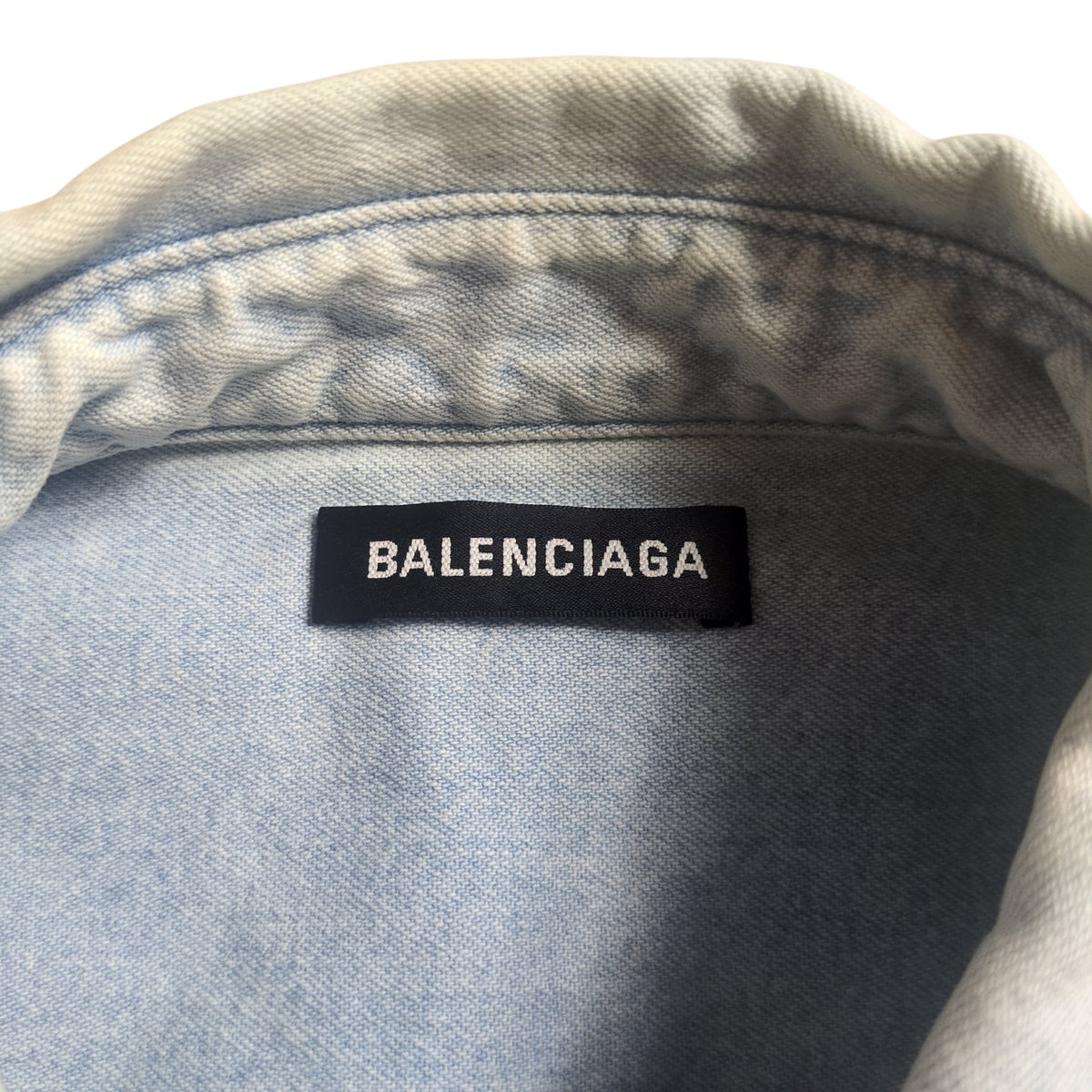 BALENCIAGA Logo Printed Washed Denim Shirt Blue Size 32
