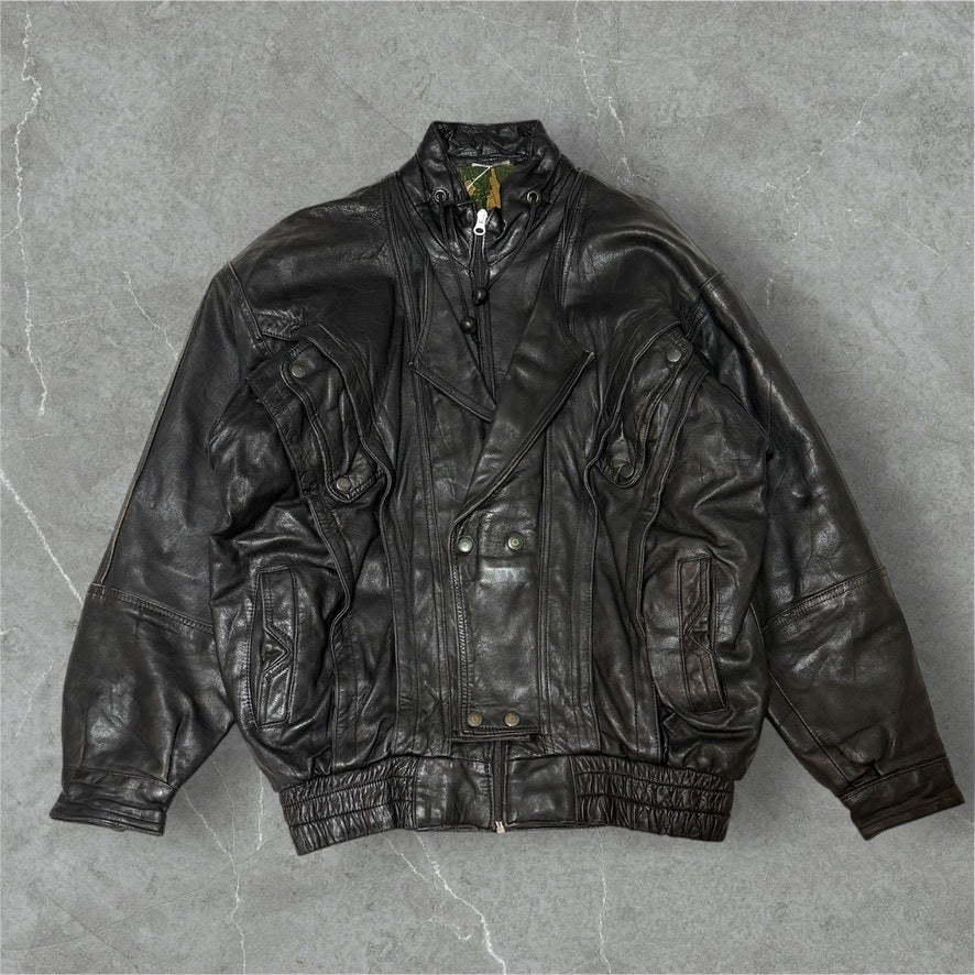 Black Mulch Pattern Lining Double Leather Jacket Free Size