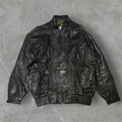 Black Mulch Pattern Lining Double Leather Jacket Free Size