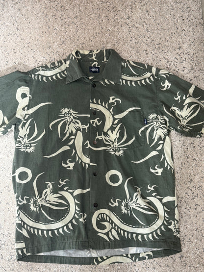 STUSSY Dragon Print Aloha Shirt Green Size L