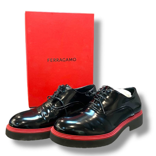 FERRAGAMO FIORINO Calf Leather Derby Black Red Loafers Size 7 1/2