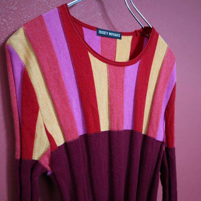 Issey Miyake Red Accent Stripe 3D Wool Knit Size 2