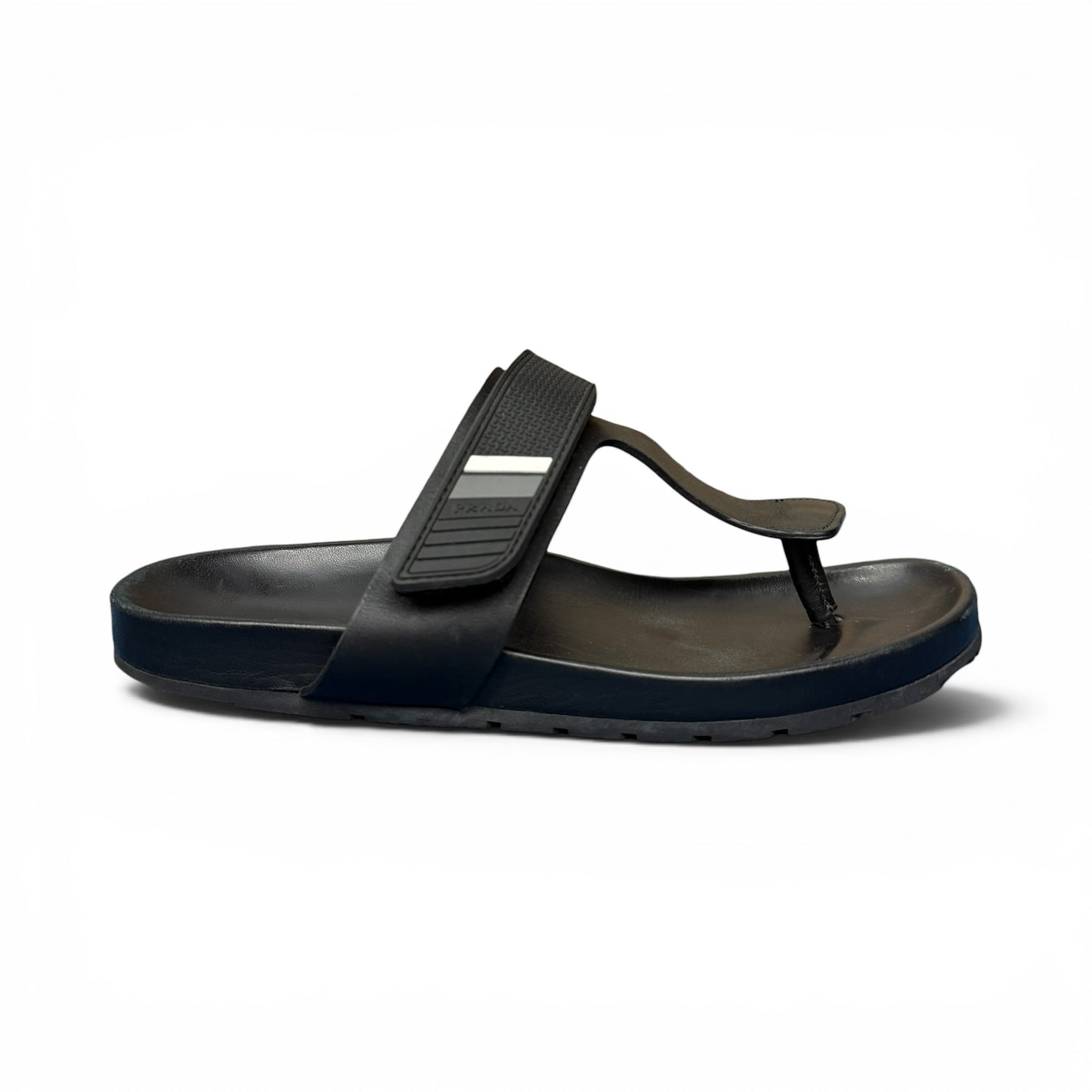 PRADA Leather Rubber Logo Thong Sandals Black