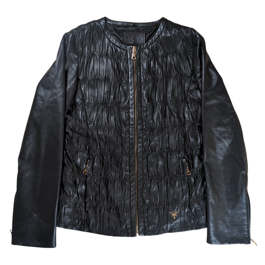 PRADA Metal Logo No Collar Leather Jacket Black