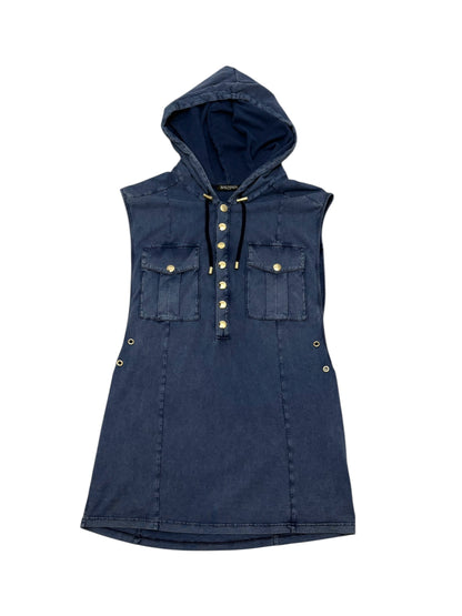 Balmain Blue Sleeveless Hoodie Dress Gold HW Size S