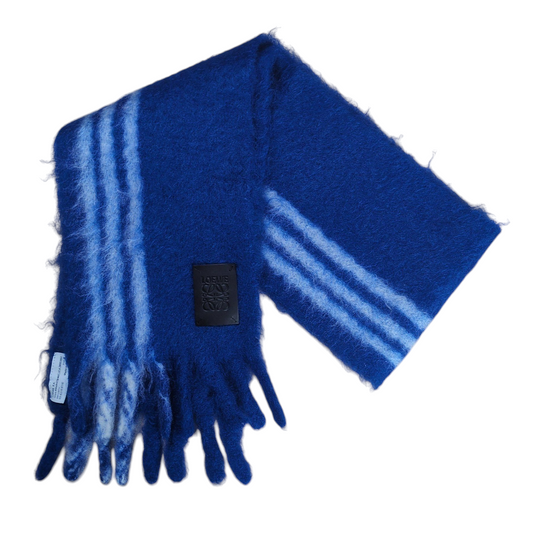 LOEWE Blue Stripe Leather Patch Mohair Fringe Muffler