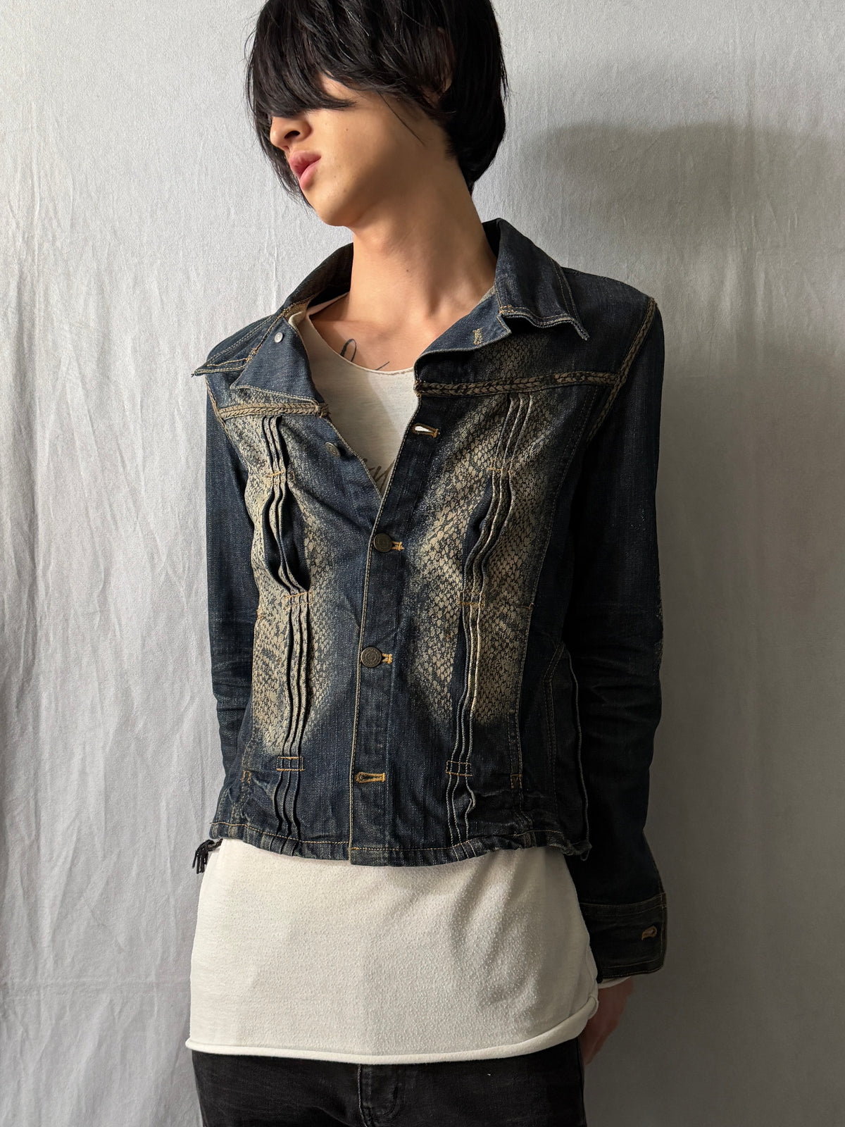 TORNADO MART Python Texture Flare Denim Jacket Size M