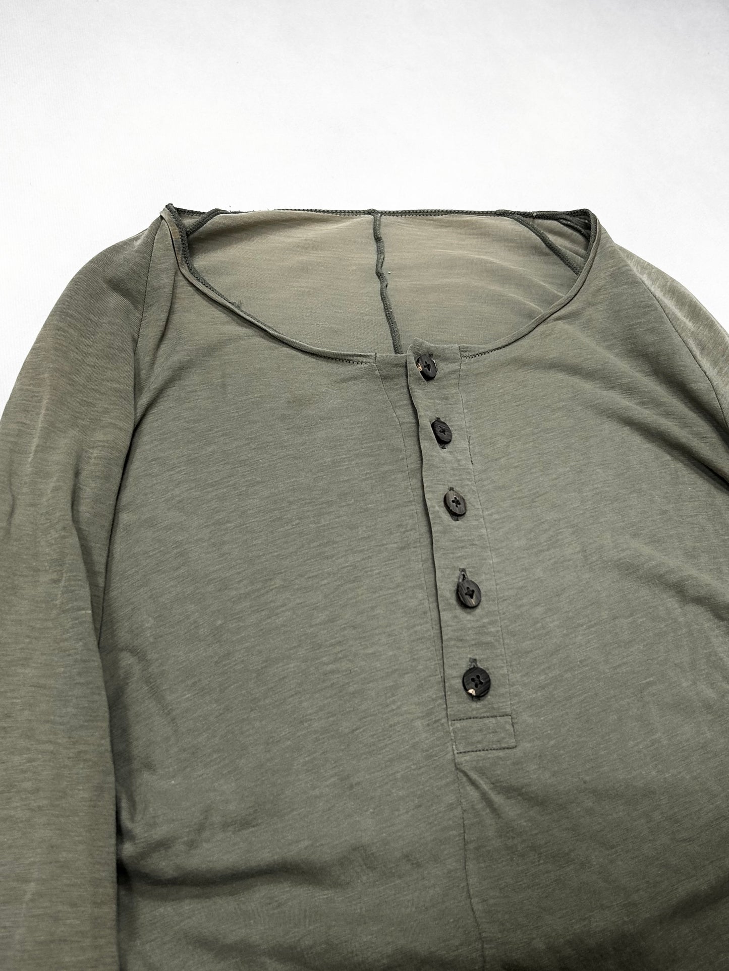 Devoa Raw-Edge Lyocell Linen 3/4-S Henley Green S/S13 Size 2