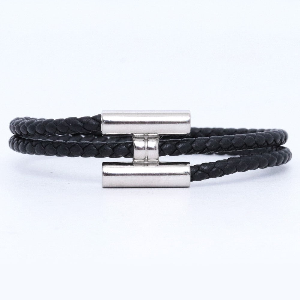 HERMES Tournis Tresse Leather Bracelet Black Size F