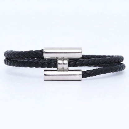 HERMES Tournis Tresse Leather Bracelet Black Size F