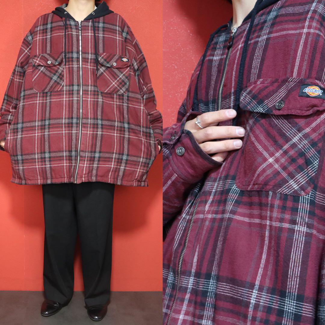 Dickies Plaid Hooded Oversized Zip Coat Red Black Size 2XL