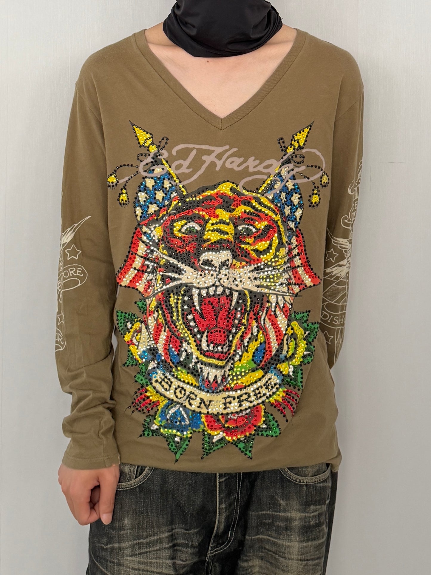 Ed Hardy Green V-Neck Sequin Long Sleeve Shirt Size L