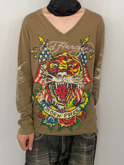 Ed Hardy Green V-Neck Sequin Long Sleeve Shirt Size L