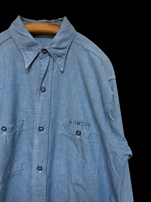 US NAVY 40s Vintage Parallel Stitch Chambray Shirt Size L