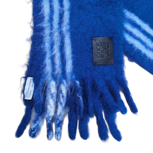 LOEWE Blue Stripe Leather Patch Mohair Fringe Muffler
