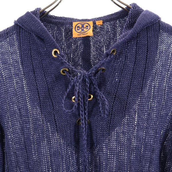 Tory Burch Linen Long Sleeve Knit Hoodie Navy Size XS