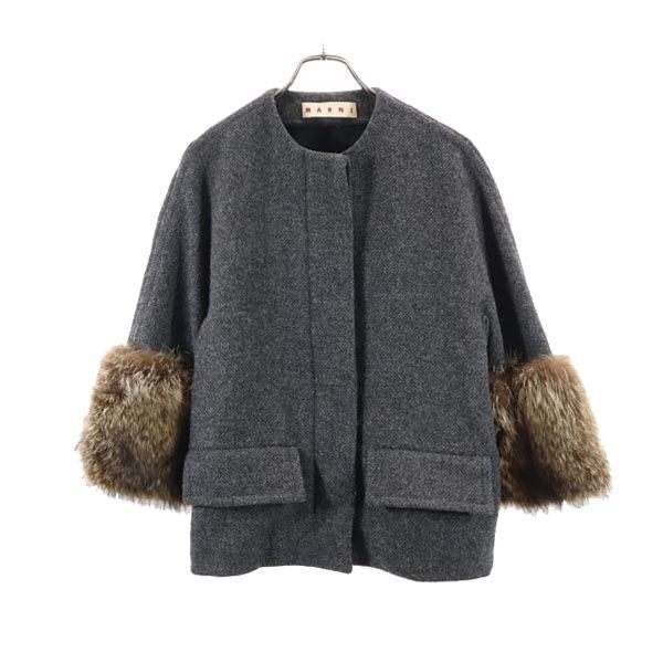 MARNI Herringbone Collarless Jacket Fur Cuffs Gray Size 36