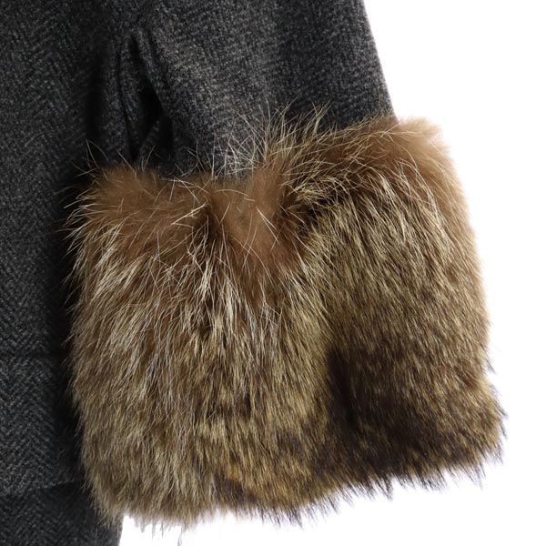 MARNI Herringbone Collarless Jacket Fur Cuffs Gray Size 36