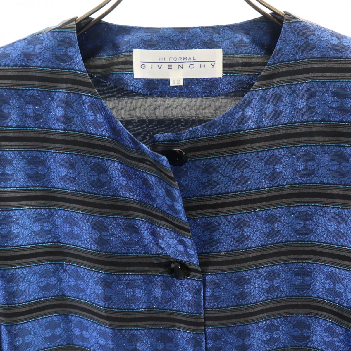 GIVENCHY Silk Blend Striped Collarless Jacket Blue Size 12