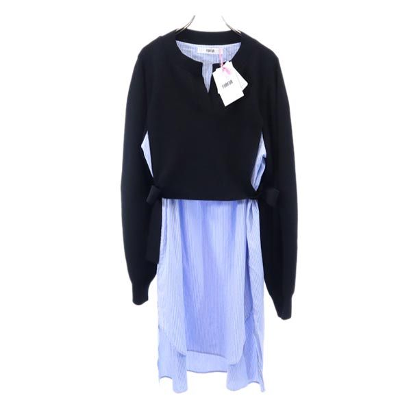 furfur Striped Knit Panel Midi Dress Black & Blue Size F