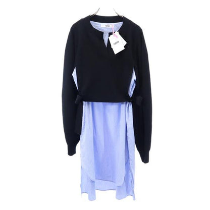 furfur Striped Knit Panel Midi Dress Black & Blue Size F