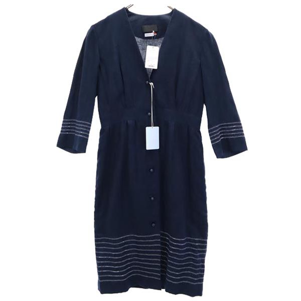 Italian Linen 3/4 Sleeve V-Neck Midi Dress Navy Size 42