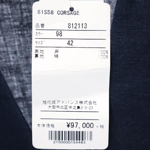 Italian Linen 3/4 Sleeve V-Neck Midi Dress Navy Size 42